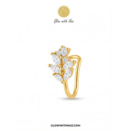 Gold non-pierced chutki leaf vine nose pin with marquise zircon crystals on white background by Glow With Naz