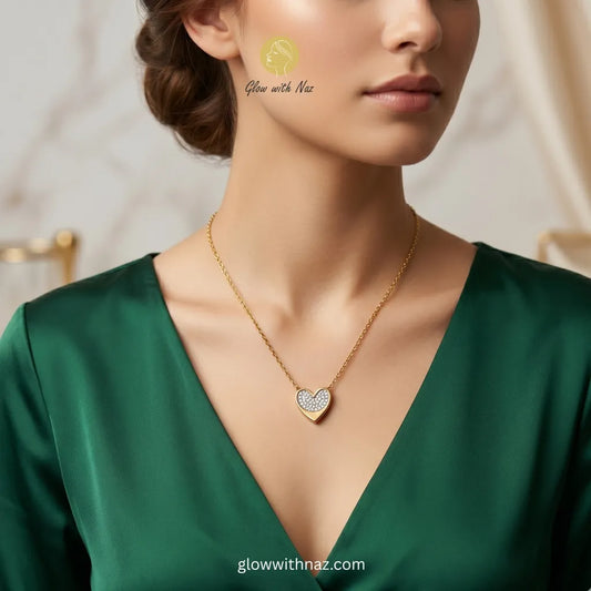 Gold pave crystal heart pendant necklace online in Pakistan — anti-tarnish stainless steel by Glow with Naz