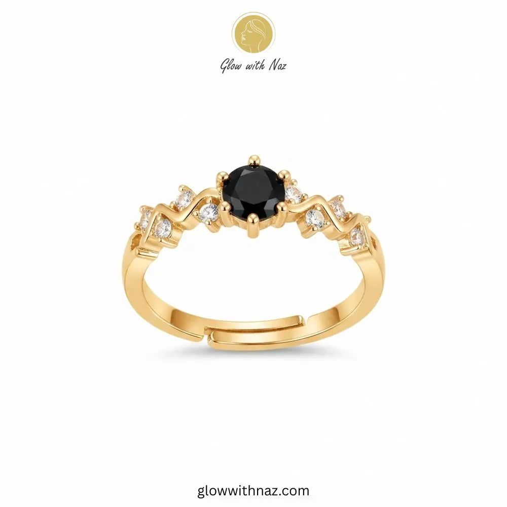 Gold plated black zircon solitaire ring with adjustable wavy diamond band by Glow With Naz