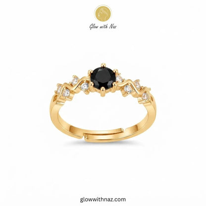 Gold plated black zircon solitaire ring with adjustable wavy diamond band by Glow With Naz