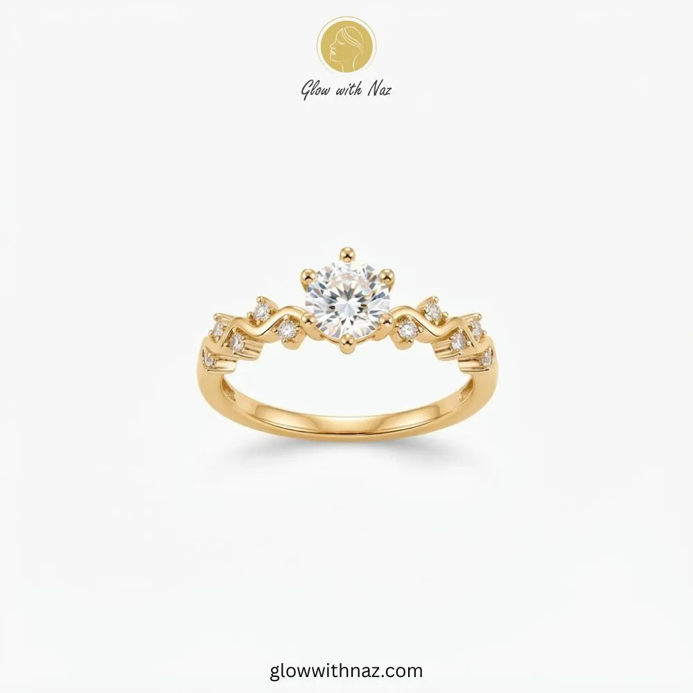 Gold plated round zircon solitaire ring with braided wave band by Glow With Naz