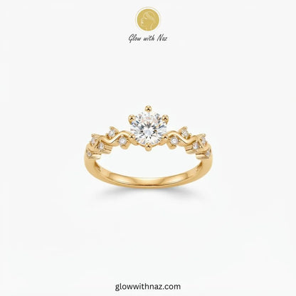 Gold plated round zircon solitaire ring with braided wave band by Glow With Naz