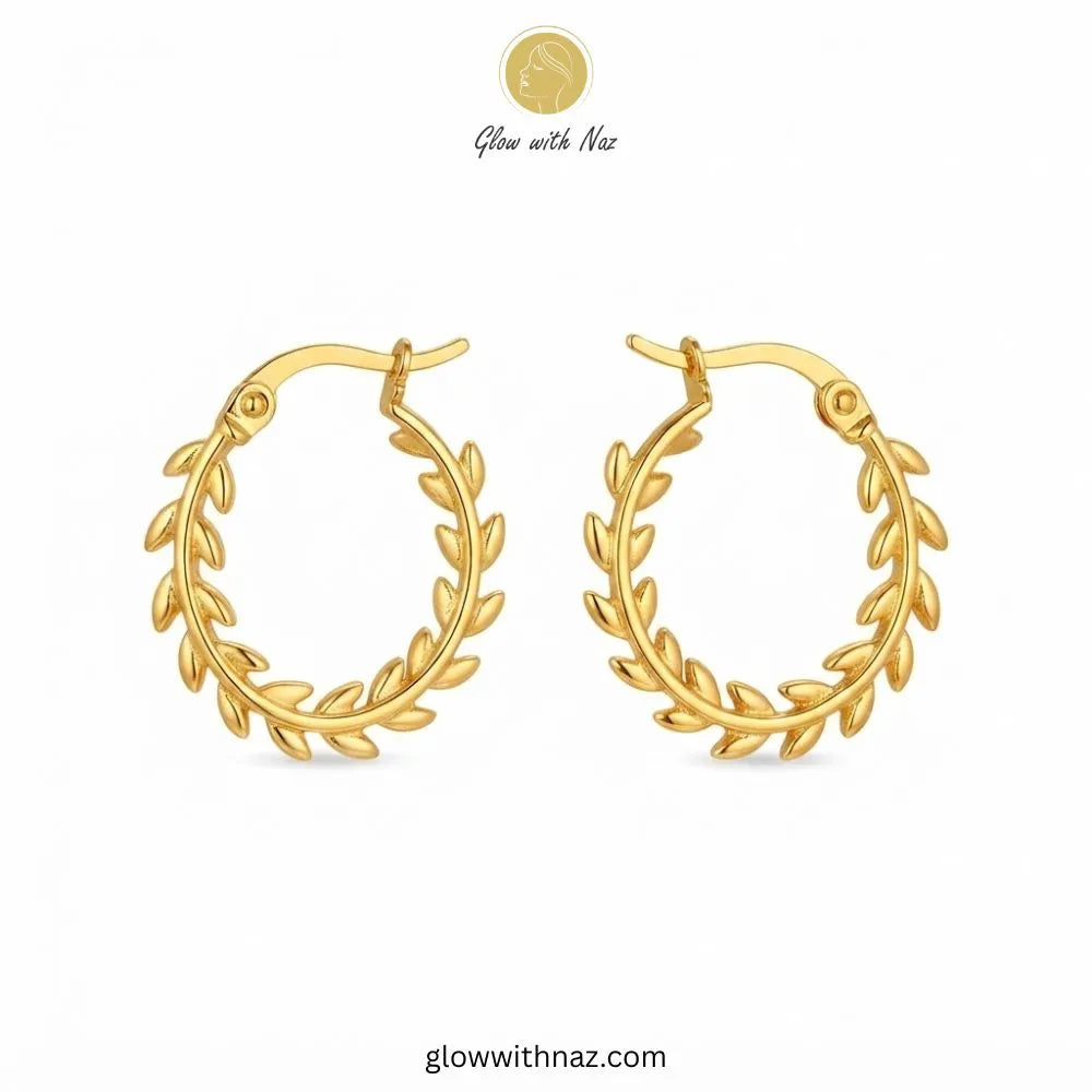 Gold plated stainless steel leaf stem wreath circle hoop earrings with latch back by Glow With Naz