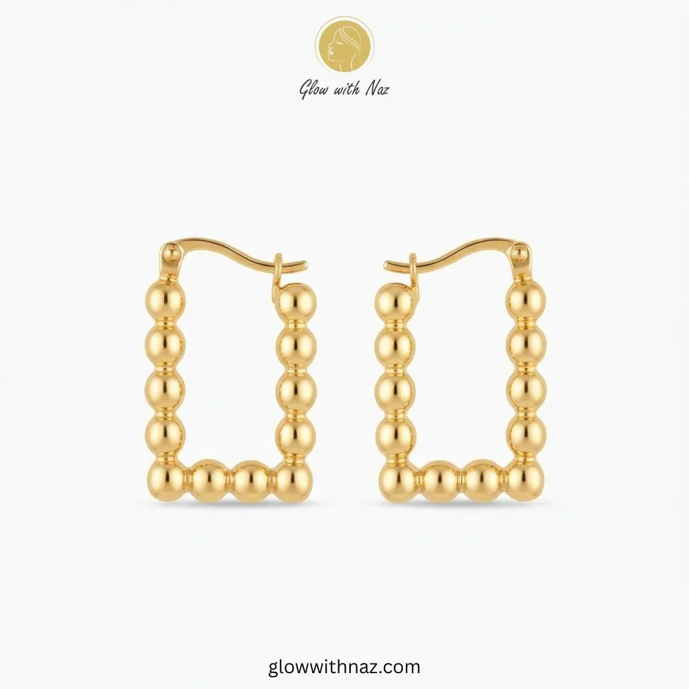 Gold plated stainless steel rectangular square beaded hoop earrings with latch back by Glow With Naz
