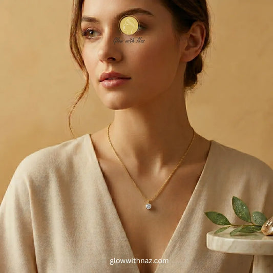 Gold solitaire diamond style round zircon bezel pendant on snake chain necklace in wooden velvet-lined display tray anti-tarnish stainless steel by Glow with Naz