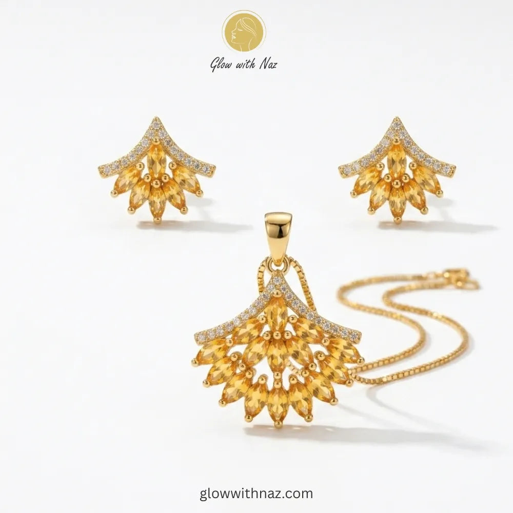Golden Champagne Zircon Fan Shape Jewelry Set