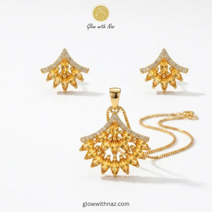 Golden Champagne Zircon Fan Shape Jewelry Set
