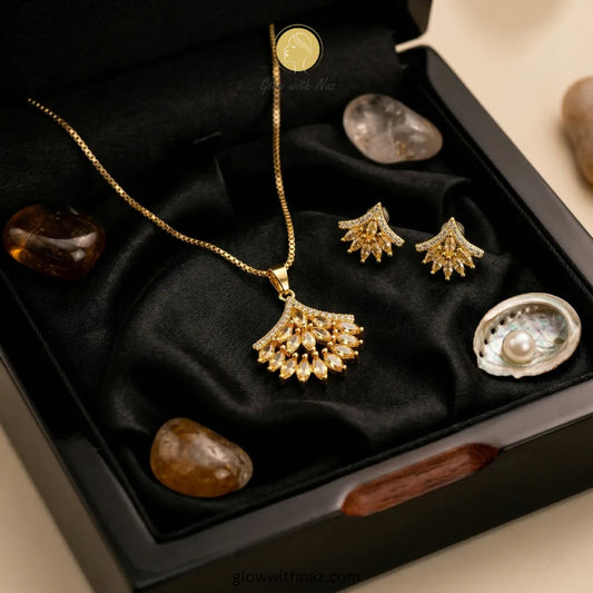 Golden Champagne Zircon Fan Shape Jewelry Set necklace, pendant necklace, necklace set, locket set, simple necklace, pendant set, pendant, chain necklace, diamond pendant, diamond necklace, locket necklace, neck chain, girls locket, heart locket, pendant for girls, necklace for girls, heart necklace, locket for girls, diamond locket, pendant necklace for girls, heart chain locket, stainless steel necklace, double chain necklace, ruby necklace, neck chain for girls, locket design, pendant design, necklace de