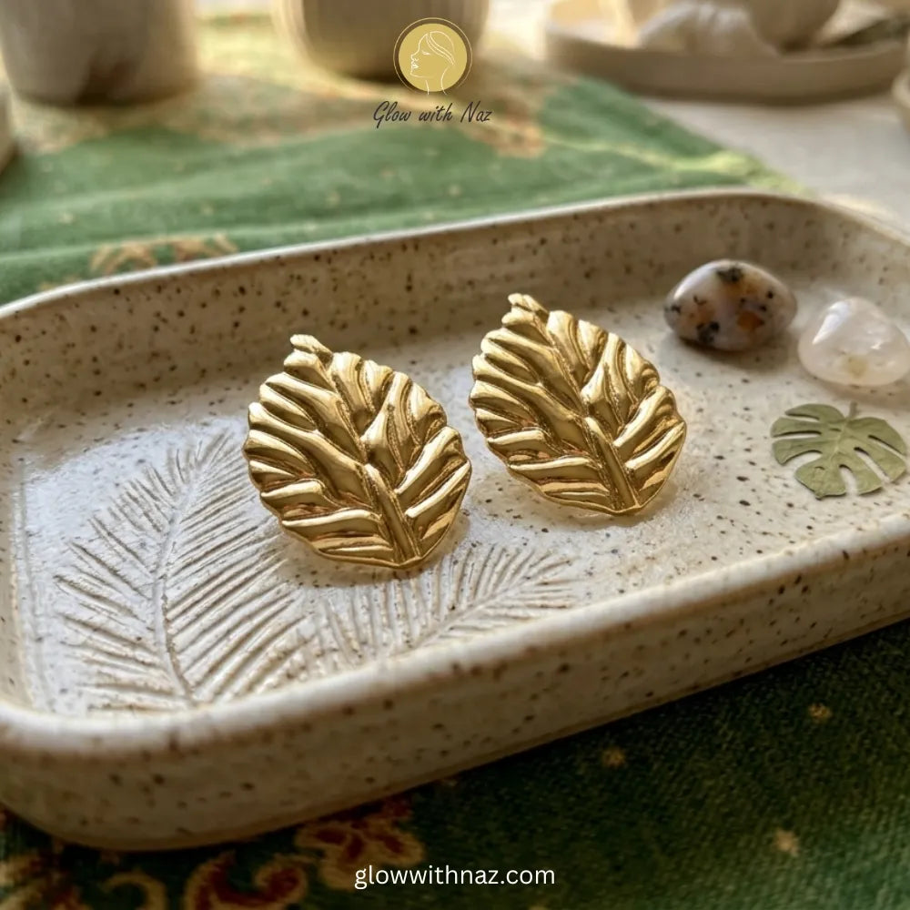 High-quality gold leaf studs from the Glow with Naz jewelry collection