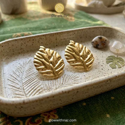 High-quality gold leaf studs from the Glow with Naz jewelry collection