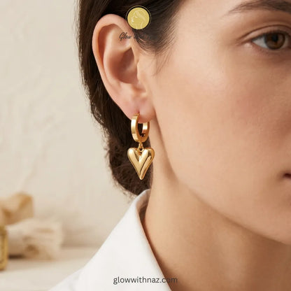 Lifestyle shot of modern heart-shaped hoop earrings for everyday style