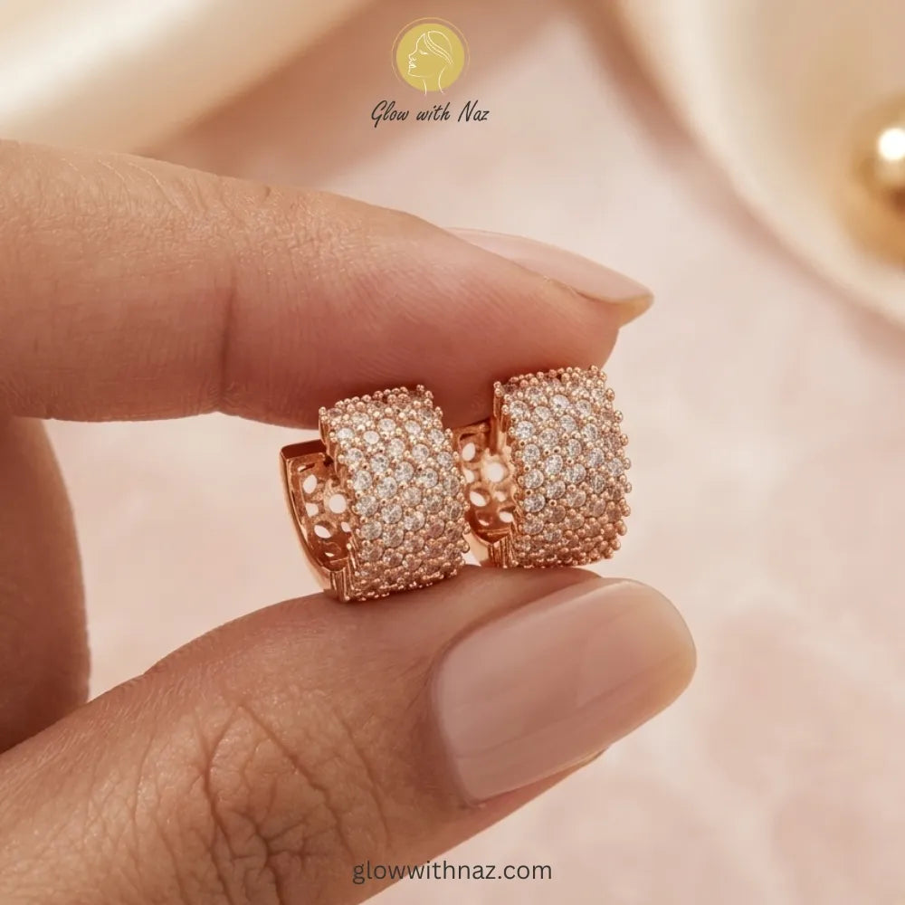 Lifestyle shot of modern pave crystal hoops for glamorous everyday style