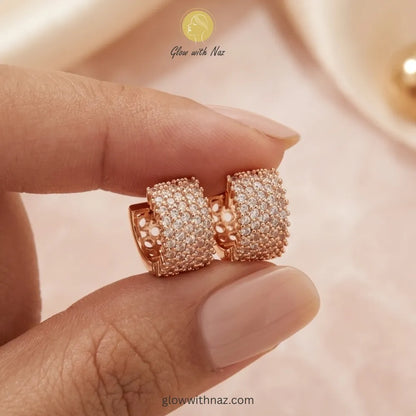 Lifestyle shot of modern pave crystal hoops for glamorous everyday style