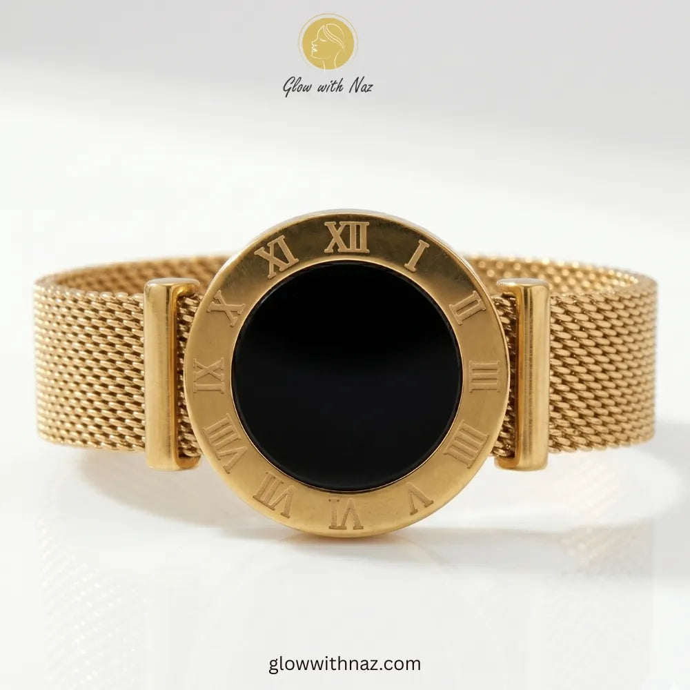 Close-up of a gold and black Roman numeral mesh ring, showcasing premium stainless steel craftsmanship.