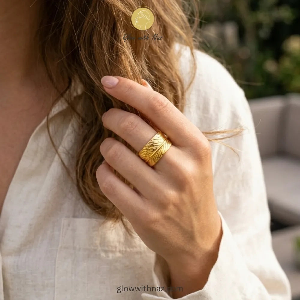 Durable, tarnish-resistant gold stainless steel ring featuring a delicate and artistic feather wrap design.