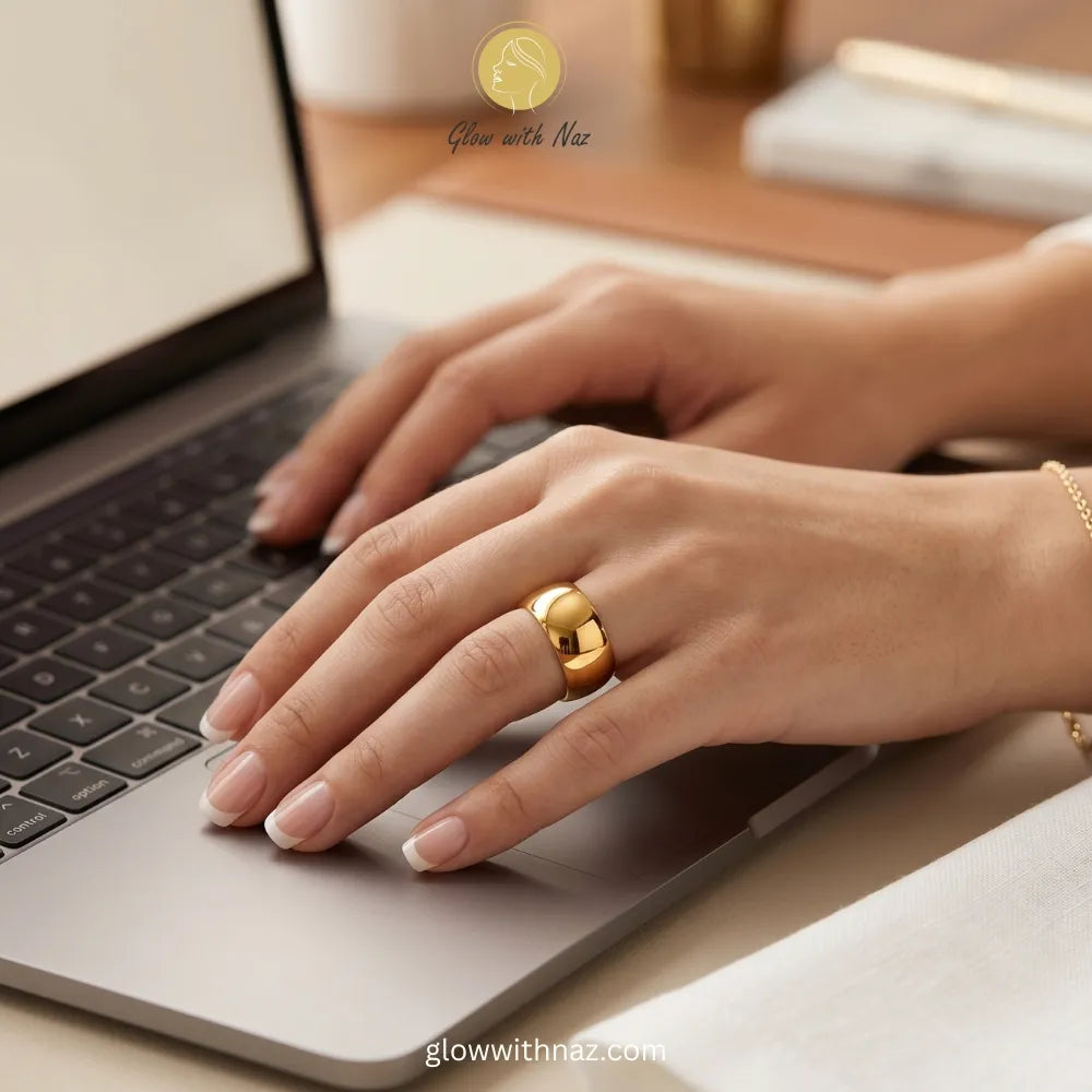 Elegant gold wide dome band ring, polished stainless steel, perfect for daily wear or formal events.