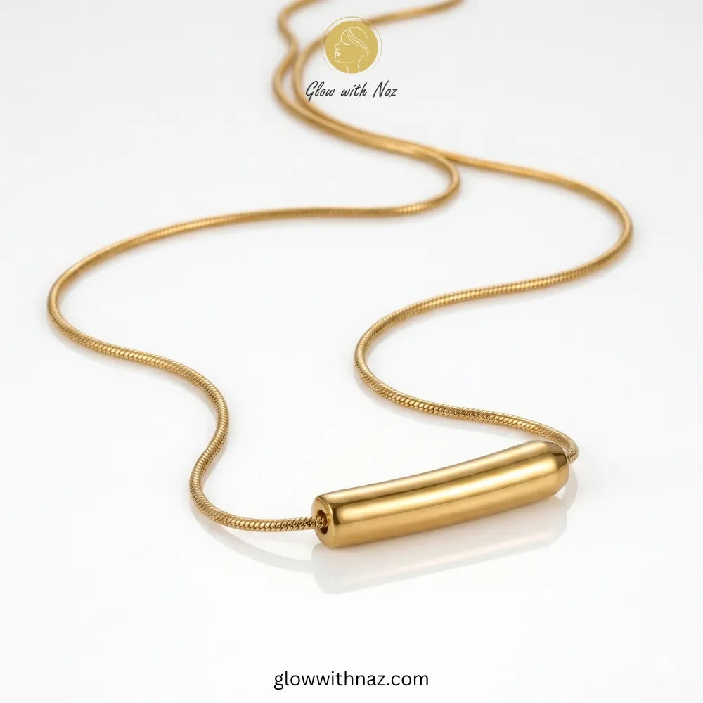 Minimalist polished tube bar gold pendant necklace by Glow with Naz