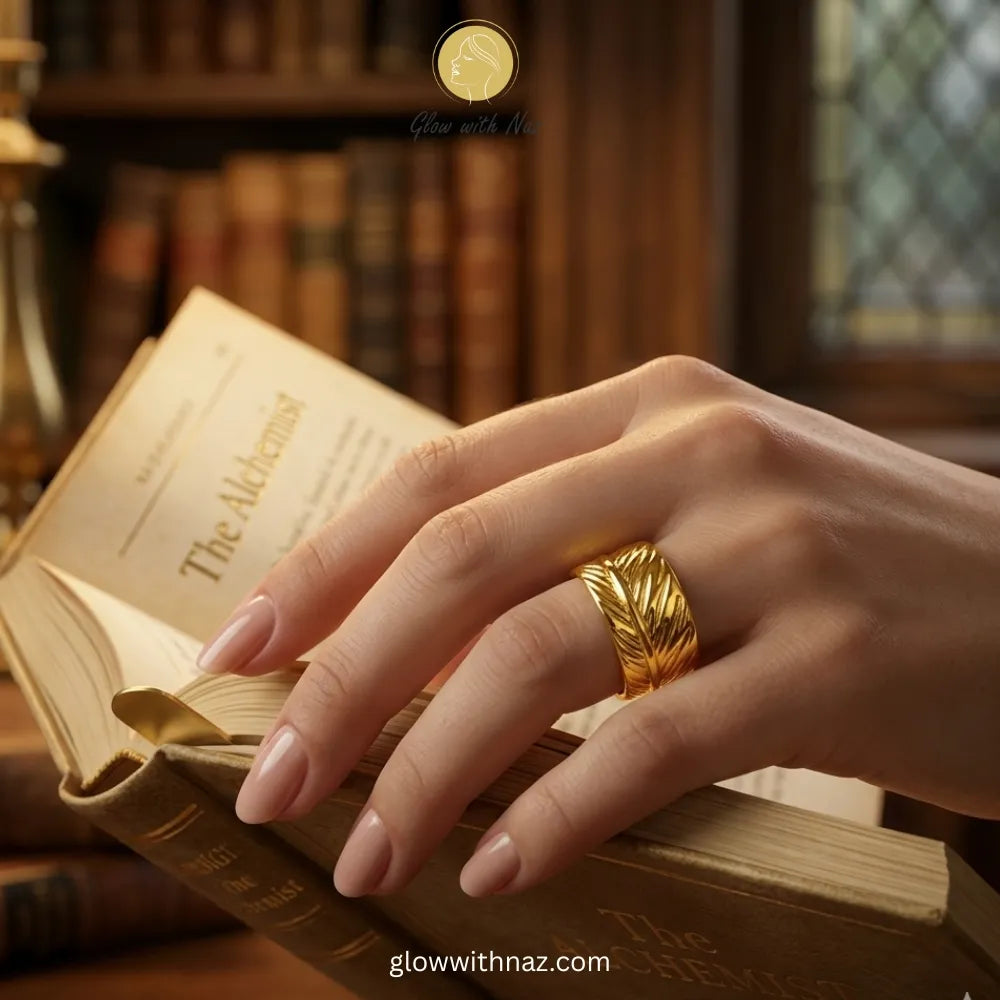 Elegant gold feather cuff ring designed for comfort and versatility, by Glow with Naz.