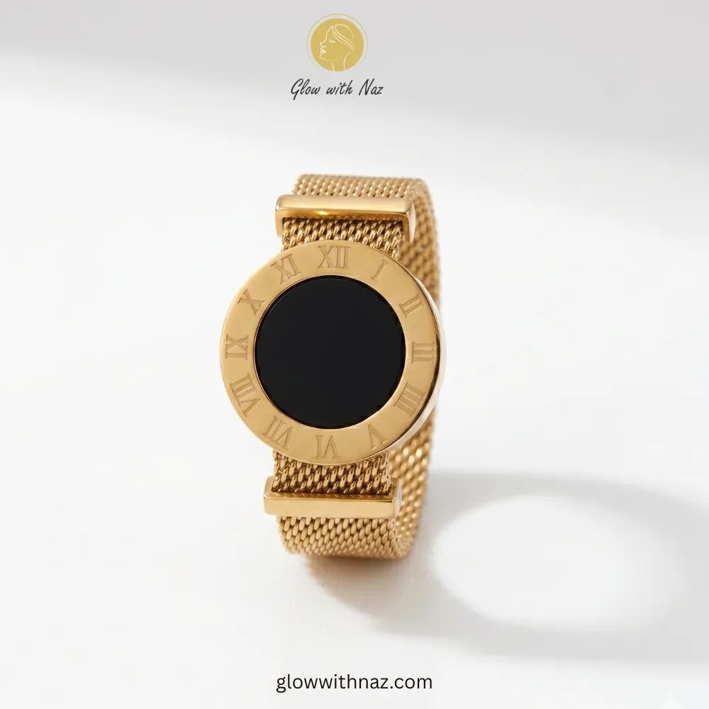 Modern Gold Mesh Ring with Roman Numerals