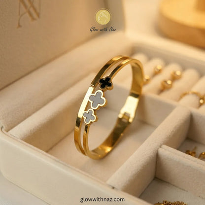 Stainless Steel 3 Black Clover Gold Plated Hand Cuff Bracelet