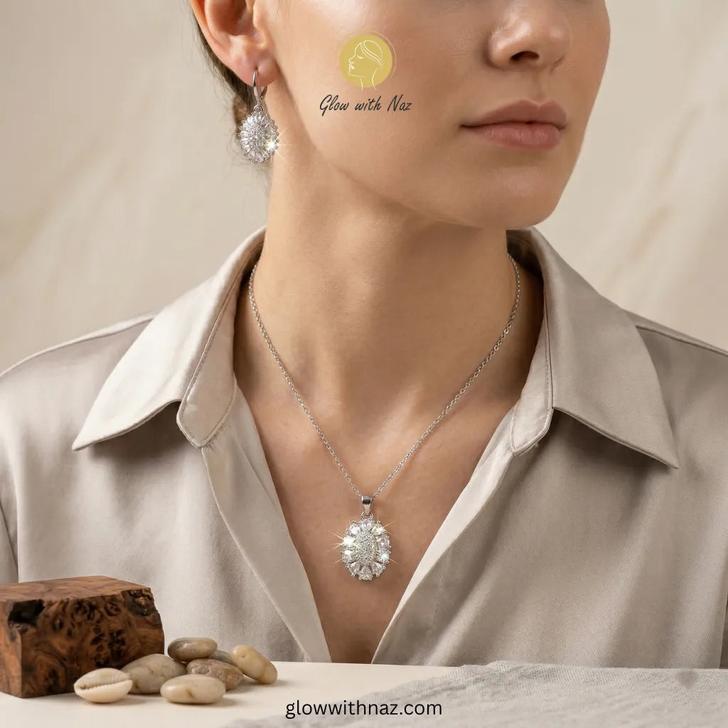 Silver Zircon Necklace & Hoop Earrings Set