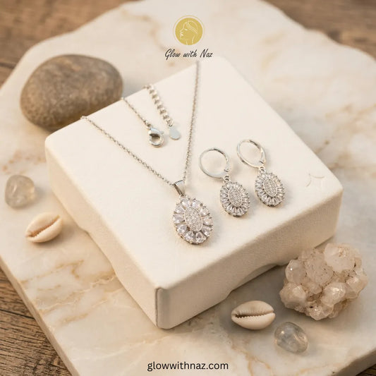 Silver Zircon Necklace & Hoop Earrings Set