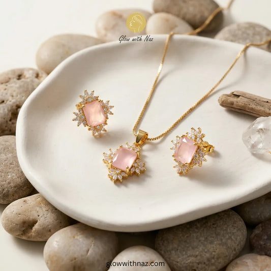 Modern baby pink stone pendant necklace set