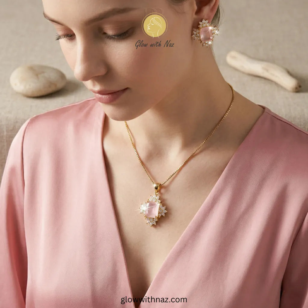 Baby pink stone pendant necklace set worn