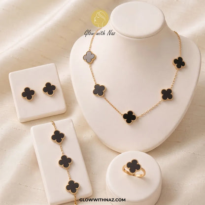 Royal Clover 4-Piece Complete Black Clover Stainless Steel Jewelry Set