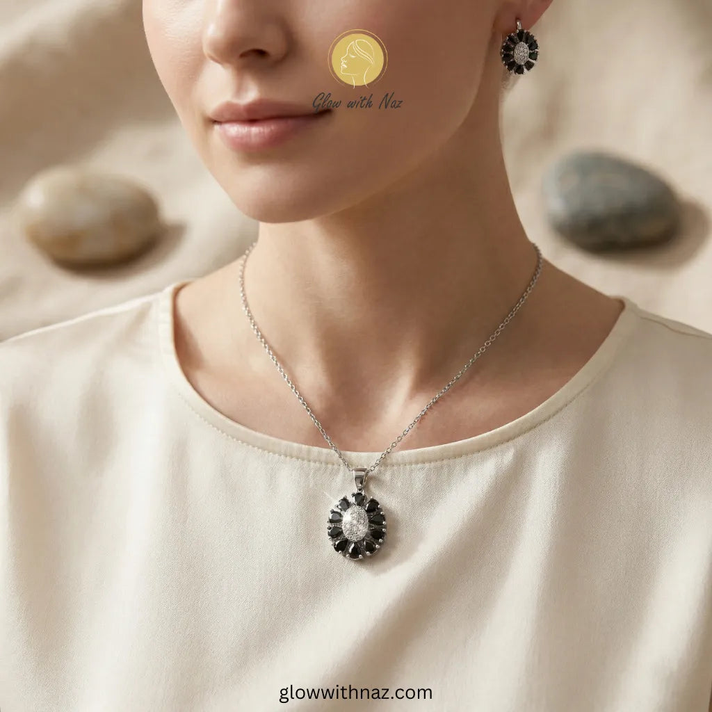 Silver & Black Stone Necklace & Stud Earrings Set