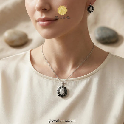 Silver & Black Stone Necklace & Stud Earrings Set