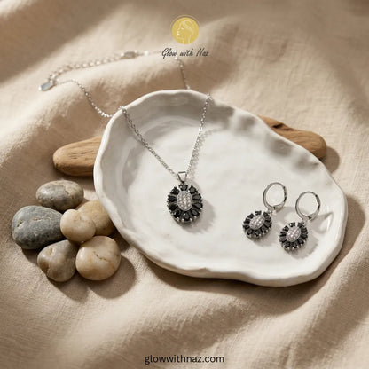 Silver & Black Stone Necklace & Stud Earrings Set