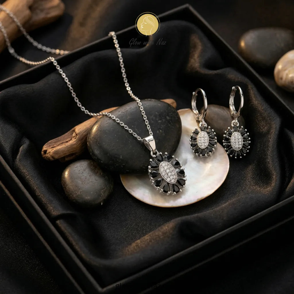 Silver & Black Stone Necklace & Stud Earrings Set