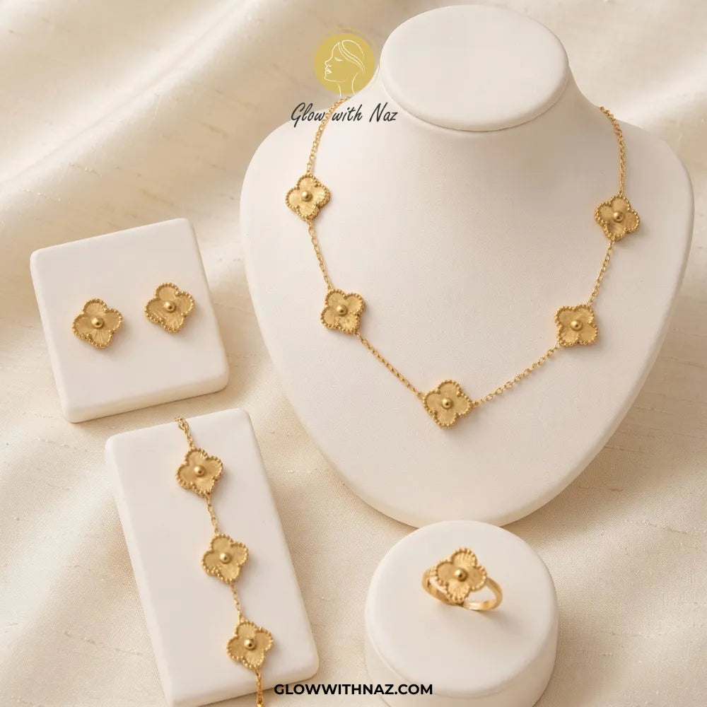 Four-Golden Clover Stainless Steel Jewelry Set – Necklace, Earrings, Ring & Bracelet