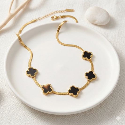Gold Snake Chain Necklace Five-Motif Black Enamel & 18K Gold
