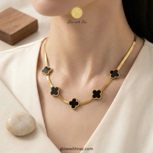 18K Gold Snake Chain Necklace Five-Motif Black Enamel