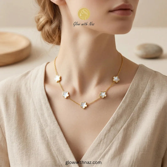 5 Flower Pearl Blossom Gold Plated Necklace