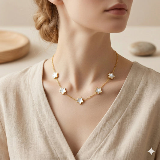 5 Flower Pearl Blossom Gold Plated Necklace