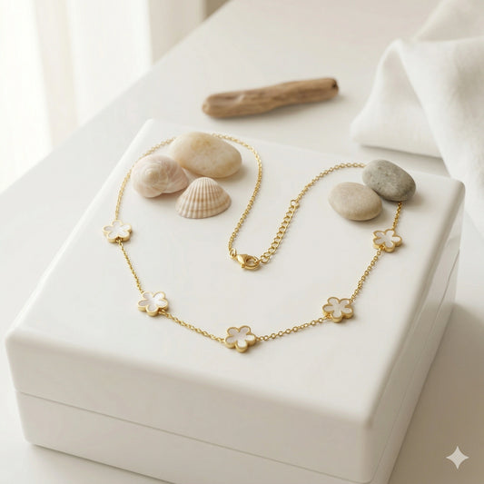 5 Flower Pearl Blossom Gold Plated Necklace