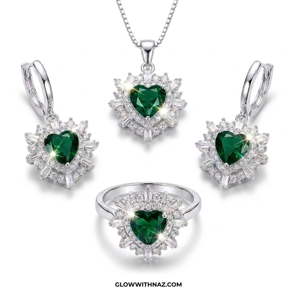 Jewelry set with heart-shaped green gemstones on a white background necklace, pendant necklace, necklace set, locket set, simple necklace, pendant set, pendant, chain necklace, diamond pendant, diamond necklace, locket necklace, neck chain, girls locket, heart locket, pendant for girls, necklace for girls, heart necklace, locket for girls, diamond locket, pendant necklace for girls, heart chain locket, stainless steel necklace, double chain necklace, ruby necklace, neck chain for girls, locket design, penda