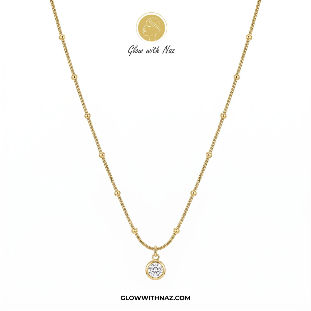 Stainless Steel Beaded Chain Diamond Pendant Necklace
