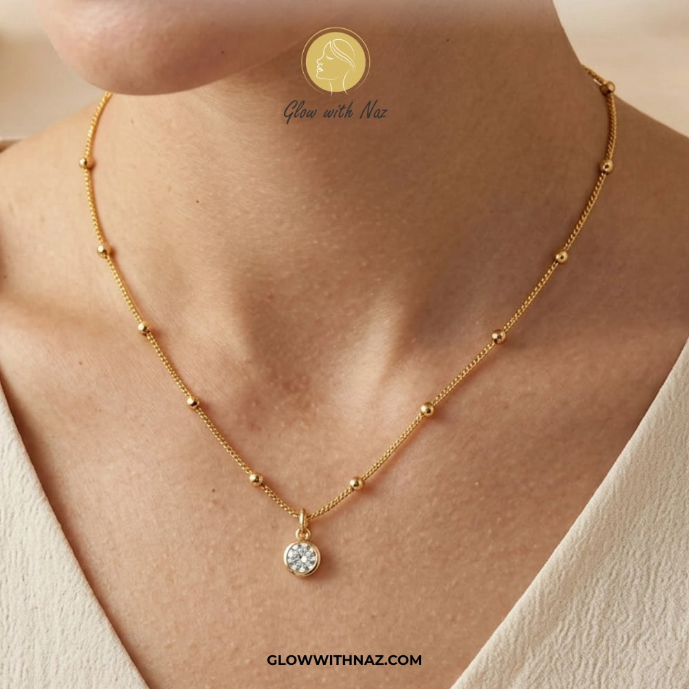 Stainless Steel Beaded Chain Diamond Pendant Necklace