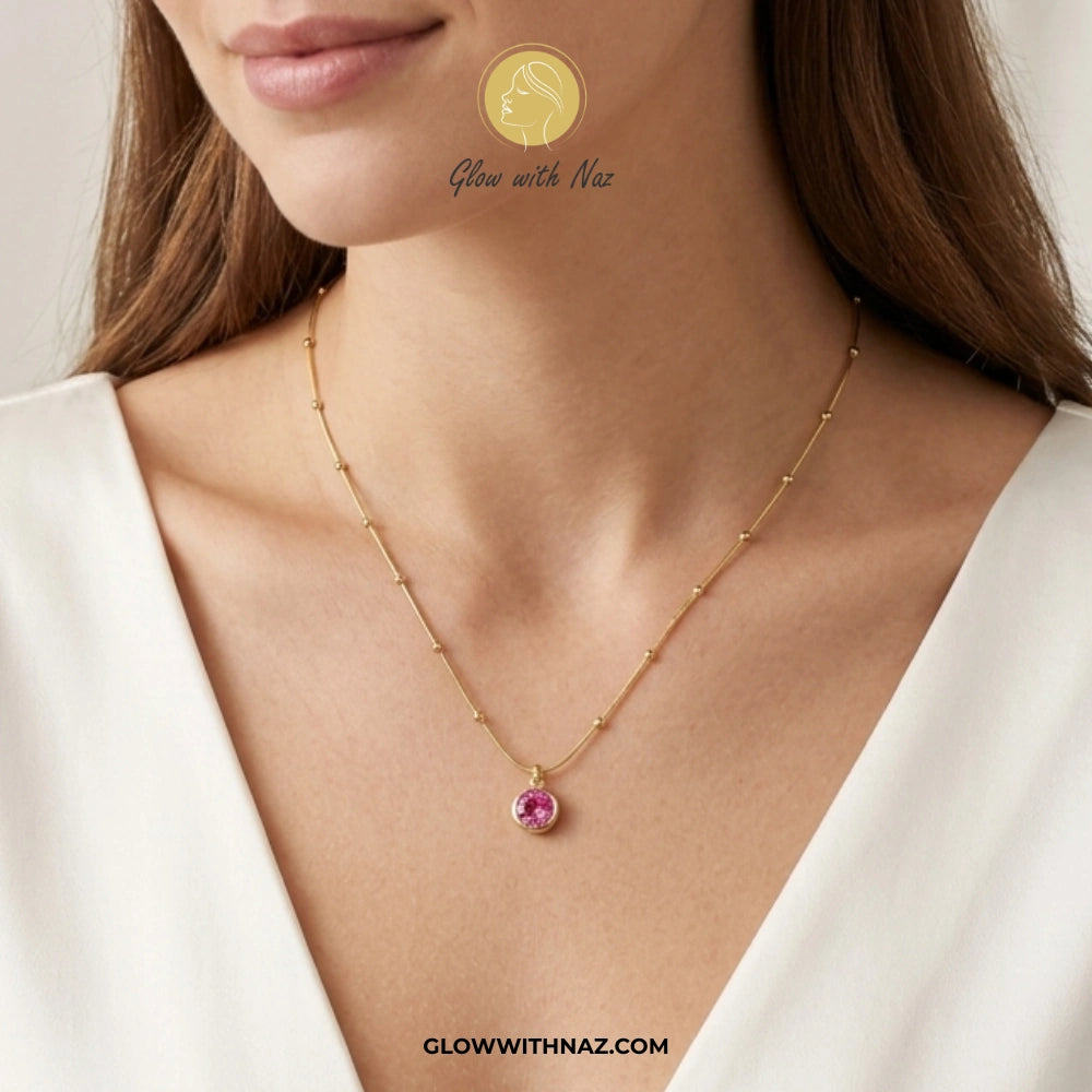 Stainless Steel Beaded Chain Pink Pendant Necklace