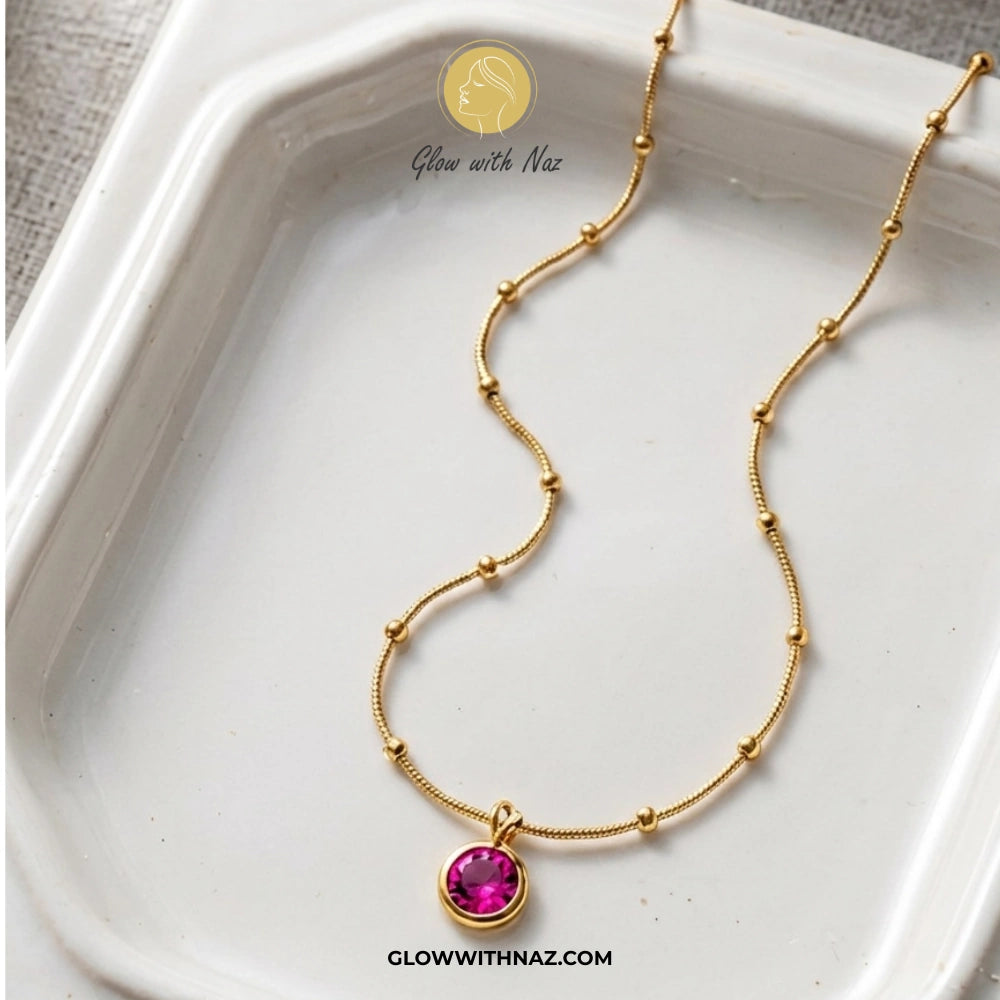 Stainless Steel Beaded Chain Pink Pendant Necklace