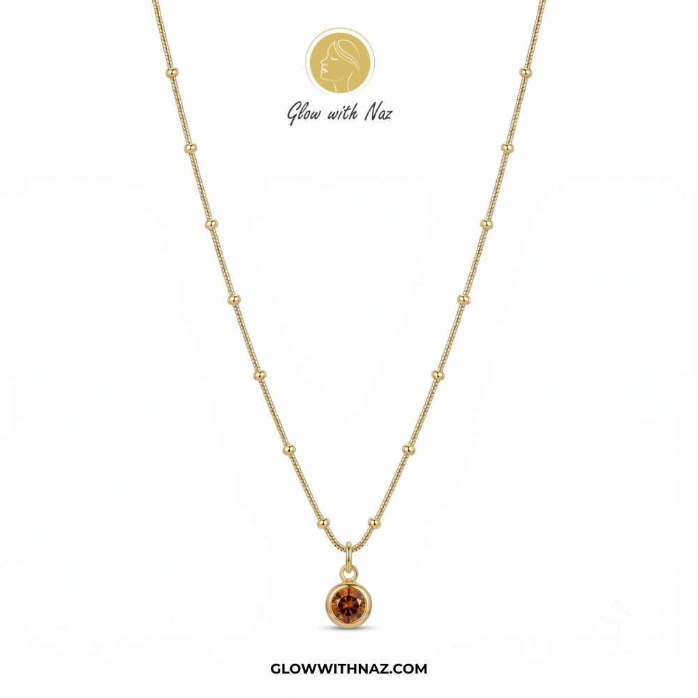 Stainless Steel Beaded Chain Amber Stone Pendant Necklace
