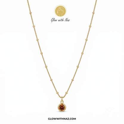 Stainless Steel Beaded Chain Amber Stone Pendant Necklace