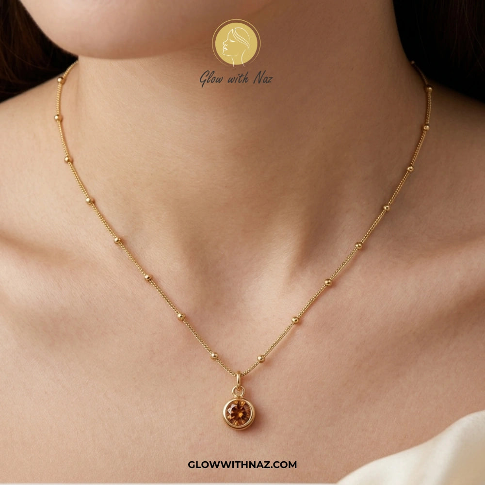 Stainless Steel Beaded Chain Amber Stone Pendant Necklace