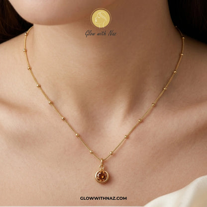 Stainless Steel Beaded Chain Amber Stone Pendant Necklace
