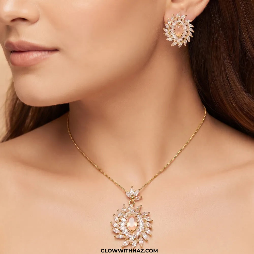 Pink Flare Zircon Earring and Pendant Set