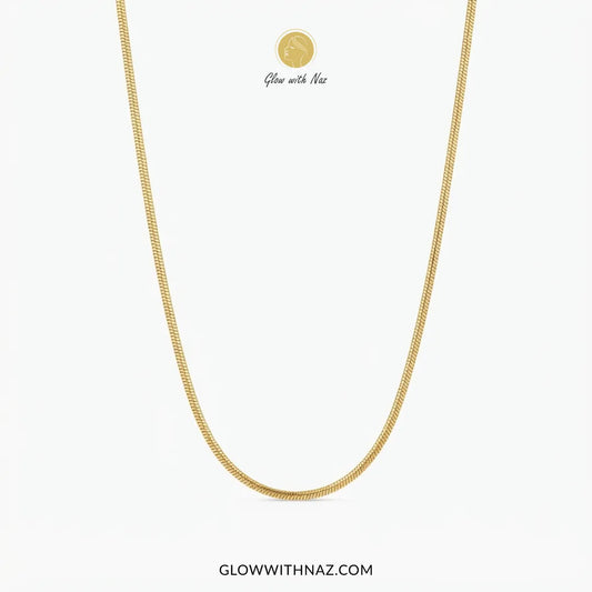A gold chain necklace displayed in a U-shape against a clean white background, with the brand name 'Glow with Naz' and website 'GLOWWITHNAZ.COM' printed on the image.